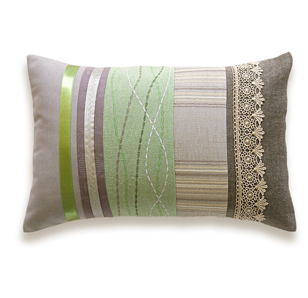 Green Beige Lumbar Pillow Case OOAK 12 x 18 in IRMA DESIGN