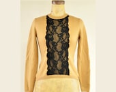 Upcycled Cashmere sweater Black Vintage Lace TAN BEIGE M  luxurious soft warm romance