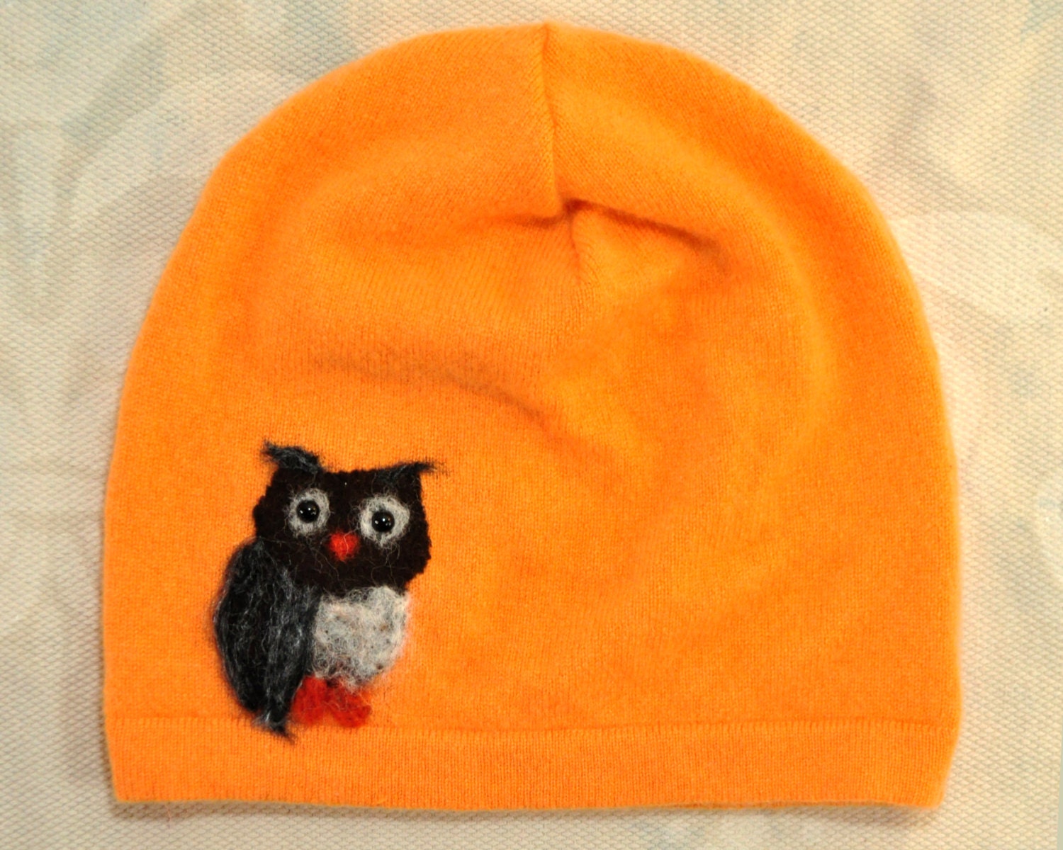 The Owl handmade cashmere hat  Needle Felted Tangerine Orange