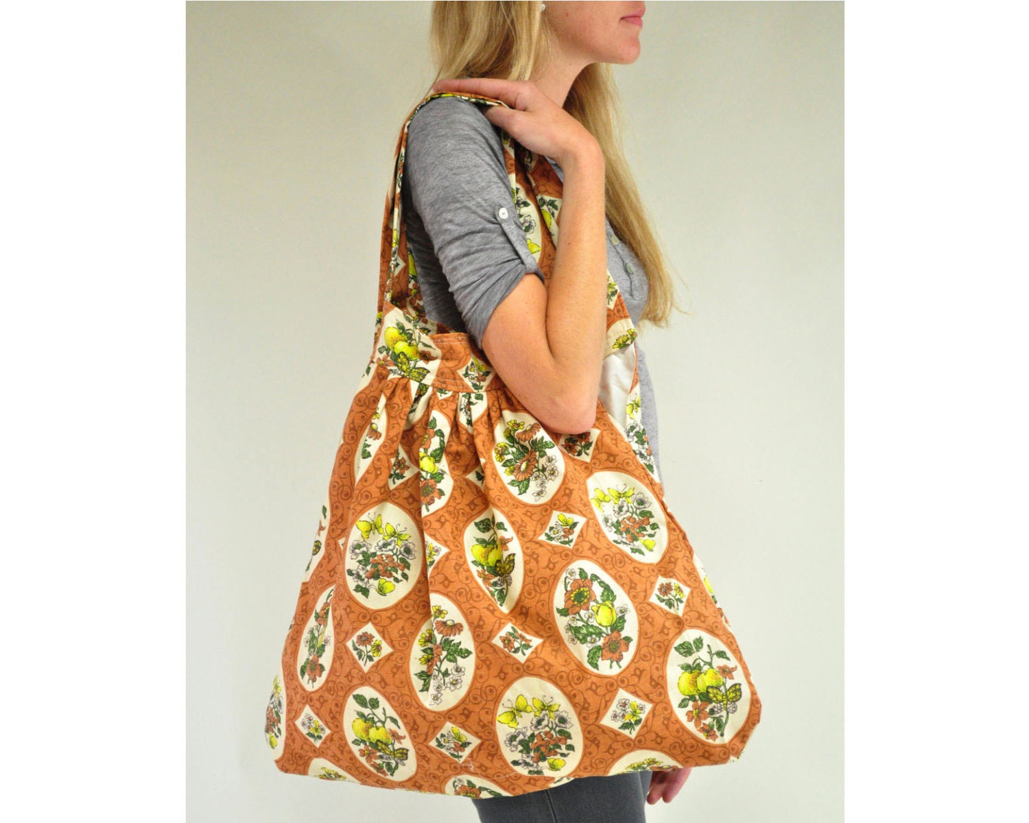 Giant Slouch Bag Purse -  Butterfly - Handmade from orange rust Vintage Fabric