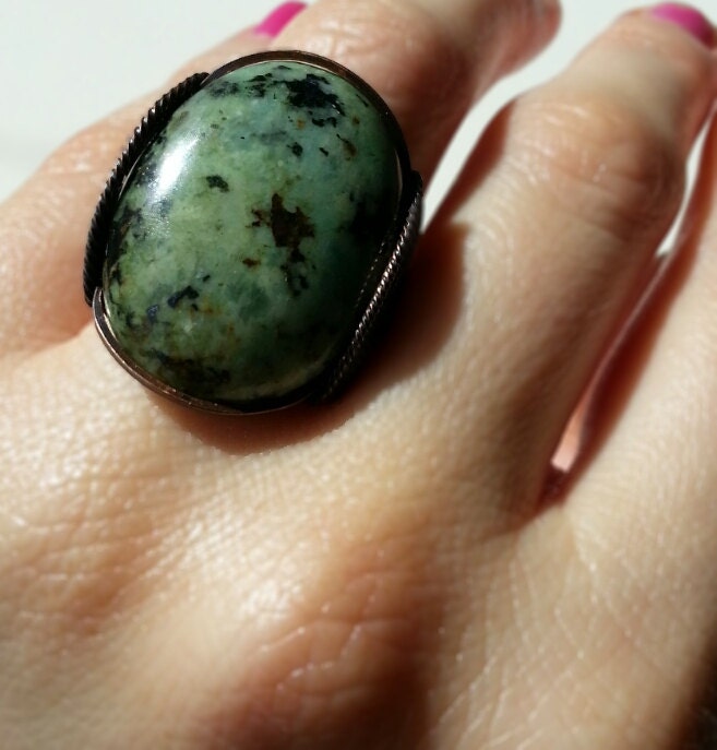 Sage Green Ring, Wasabi, Jasper Stone, Summer Jewelry, Handmade Statement Ring, Leaf, Dark Metal Setting, Oxidized Copper, Summer Fashion