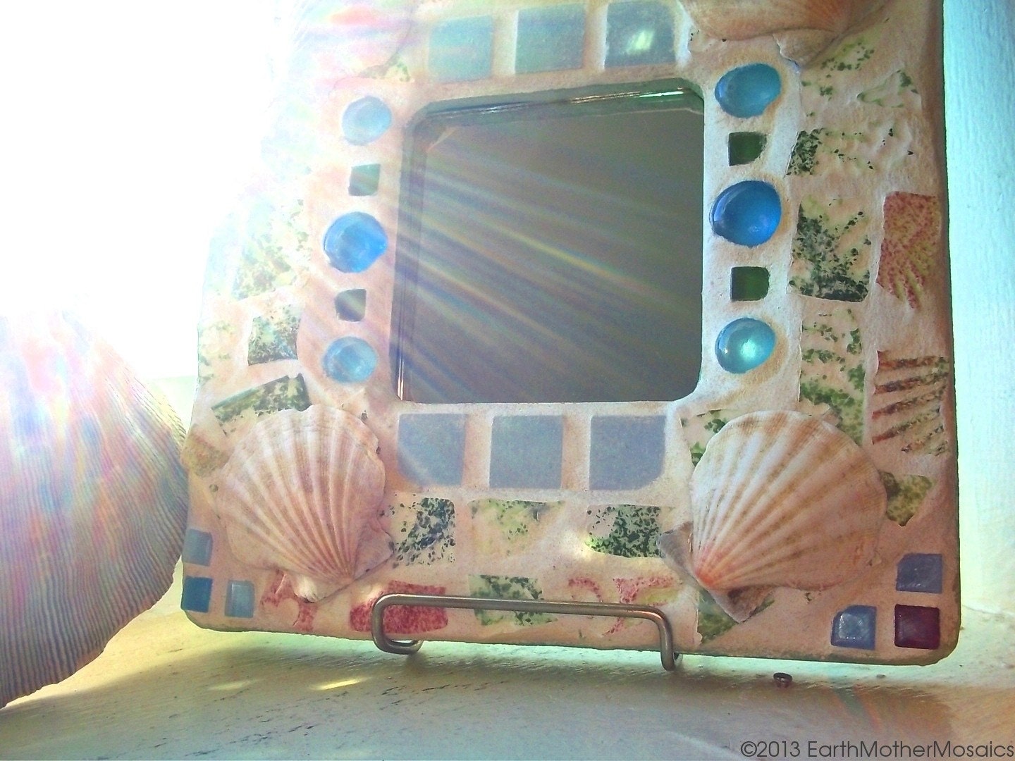 Mosaic Frame: Pique Assiette, Stained Glass and Shells, Ocean Blue, Seafoam Green and Pink