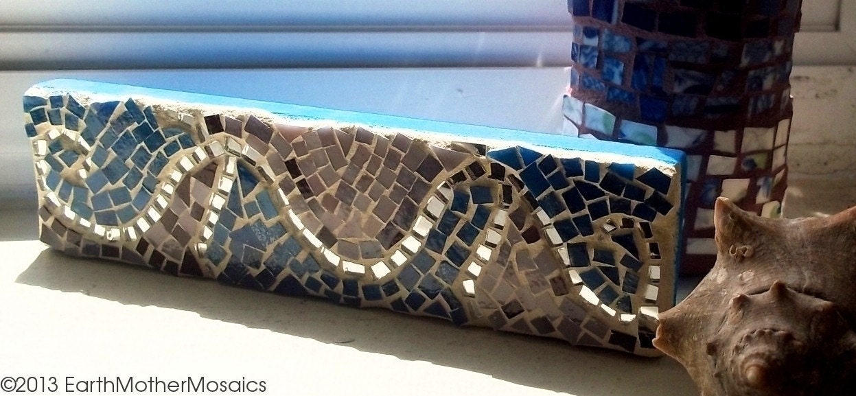 Mosaic Art Shelf Sitter: Ocean Waves - Blue, Purple, Pink, Mirror and White