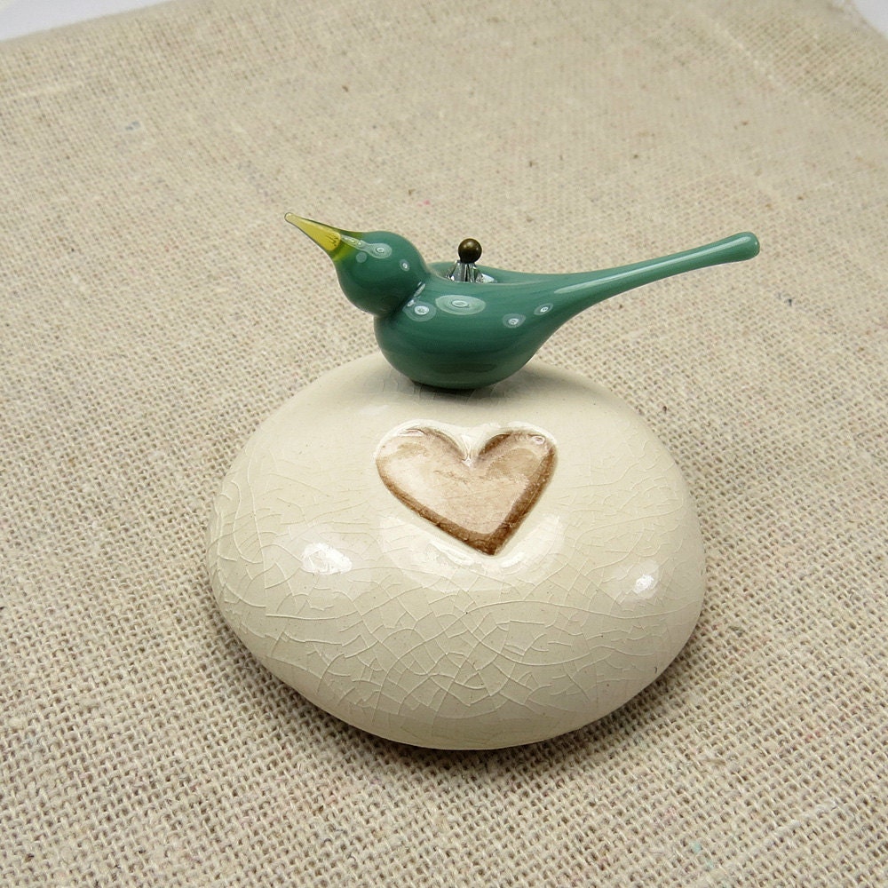 Aqua blue bird cake topper, custom primitive bluebird Wedding favors, ceramic heart decor