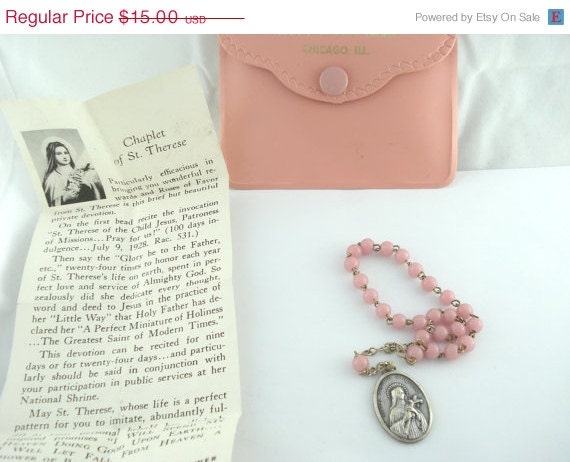 On Sale 25% Off Vintage Saint Therese of the Child Jesus Pink Chaplet Rosary - with Original Prayer / Pouch RR9