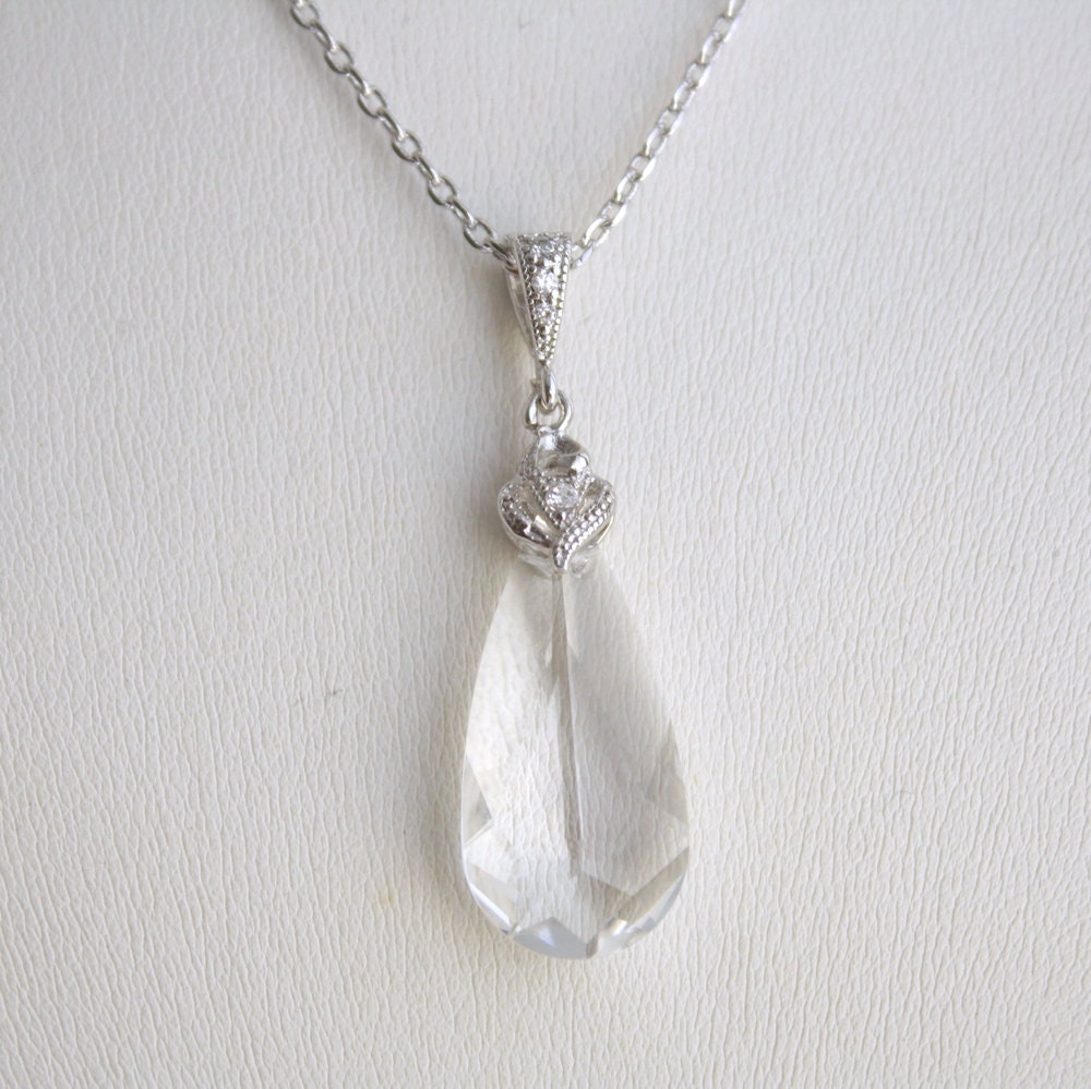 Bridal Jewelry Swarovski Clear Crystal Necklace Teardrop with Cubic Zirconia Silver Crystal Jewelry Wedding Jewelry