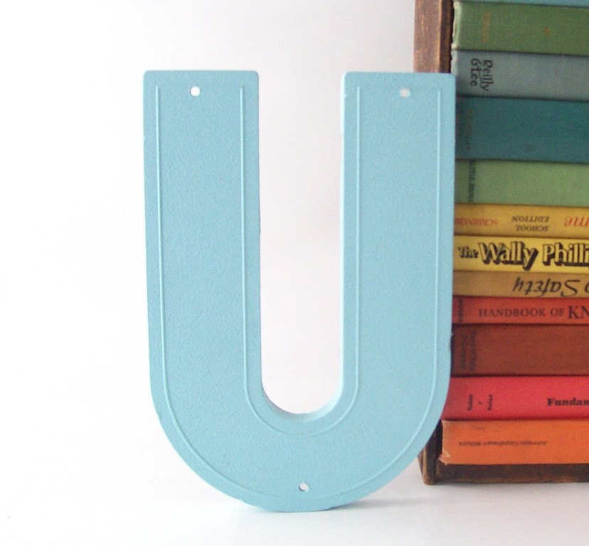 aqua blue letter U upcycled industrial marquee sign vintage salvaged retro modern wall hanging home decor initial personalized hanging sign