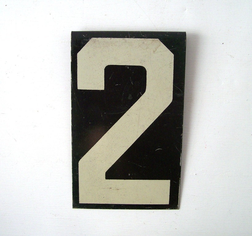 number 2 two vintage enamel metal sign hanging black and white personalized modern text type font large big typography typeface