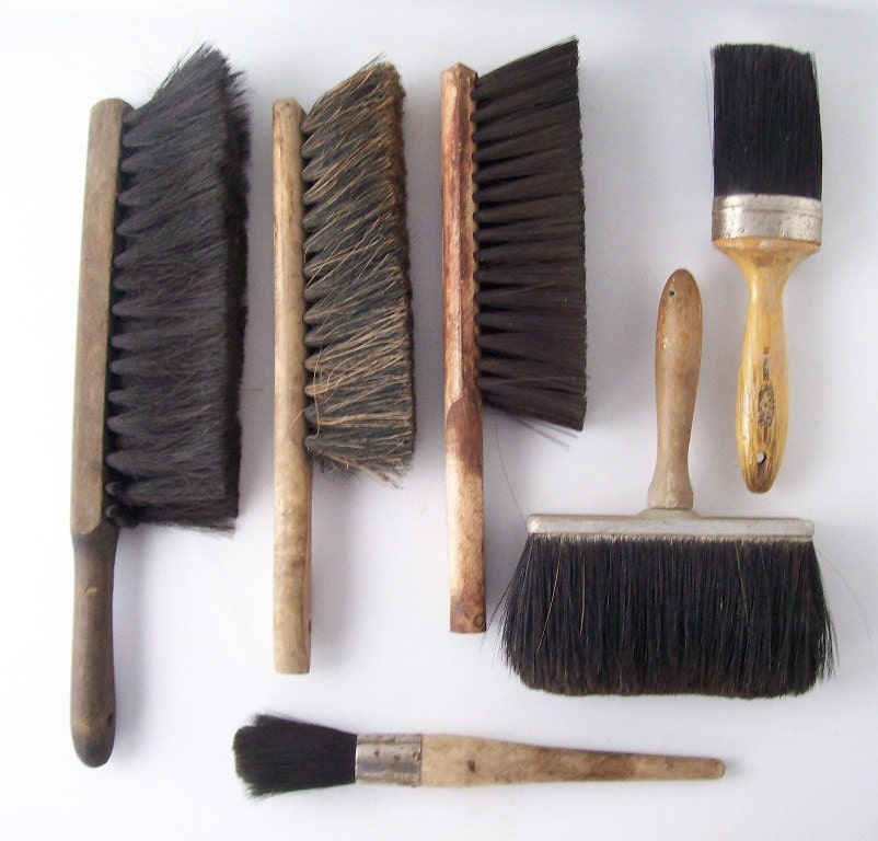 vintage collection of 6 brushes real hair industrial supplies work handy man mens women tool cleaning art paint