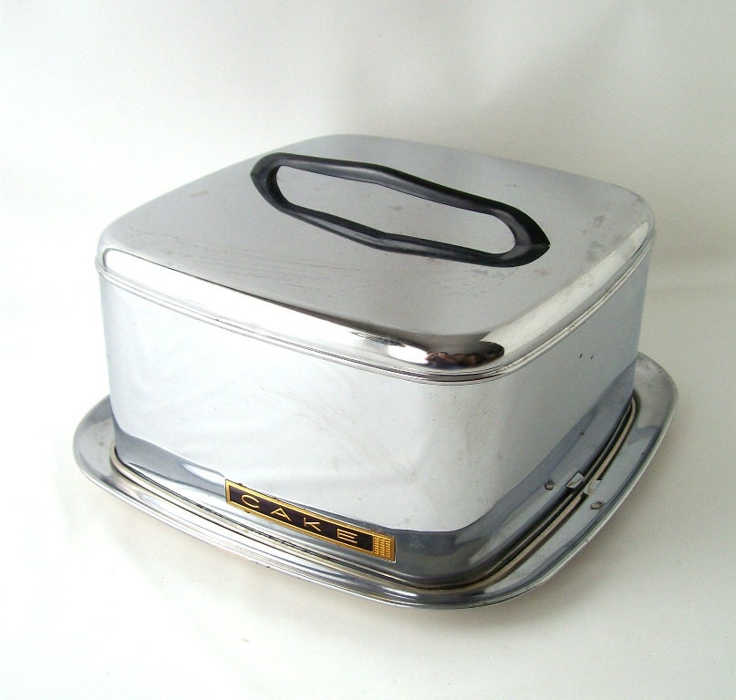 vintage cake carrier chrome to-go storage travel plate tray serving retro mid century modern silver metal with lid lidded