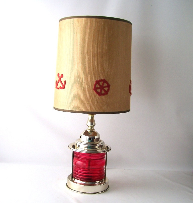 vintage nautical lamp w/ shade red anchor ships wheel lantern nightlight  cream gold decorative home decor light lighting mid century retro