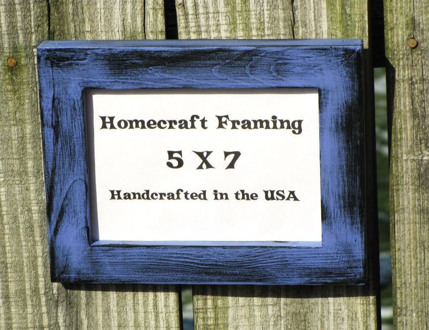 5X7 Picture Frame Distressed Periwinkle Blue Black Frame Country Primitive Wooden