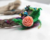Silk Choker Necklace Flower Hippie Jewelry Floral Rose Boho Style Fringe Textile Pink Green Flower Eco Friendly Fashion Spring Summer OOAK