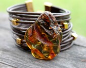 Amber Leather Cuff Bracelet Honey Multistrand Raw Steampunk Unique Huge Stone Rustic Jewelry Natural Fashion Summer Brown Gold OOAK