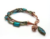 Mixed Metal Strand Bracelet, Teal Picasso Beads, Seed Beads, Copper Charm Bracelet, Friendship Bracelet, Industrial Chic