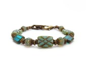 Aqua Boho Bracelet, Engraved Fire Polished Glass, Teal, Opal Beads, Bohemian Jewelry, Antiqued Bronze