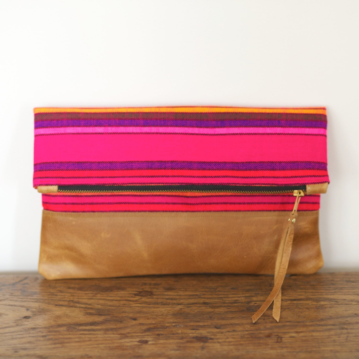 FROM MEXICO with LOVE - Sangria. Bright Fuchsia Striped Bag with Leather Bottom