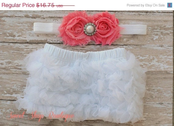 MEMORIAL DAY SALE Baby Bloomers and Headband Set - White and Coral - Great Photo Prop