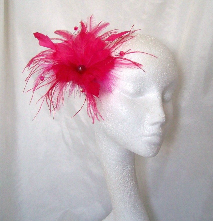 Pretty Cerise Raspberry Pink Feather Flower and Crystal Fascinator Hair Comb - Wedding Custom Made to Order