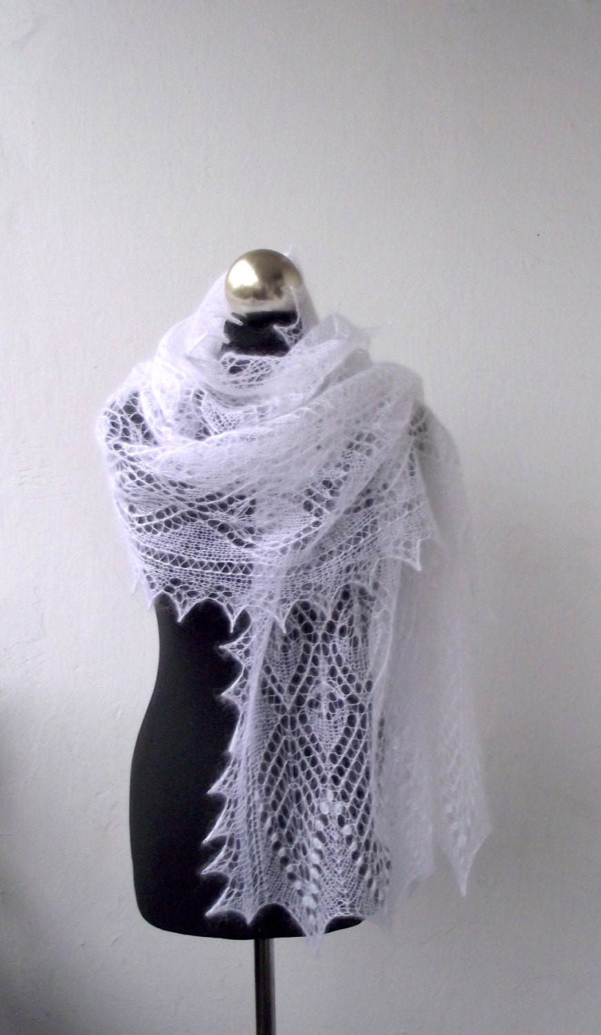 White wedding shawl,hand knitted kid mohair lace stole,white cobweb  shawl