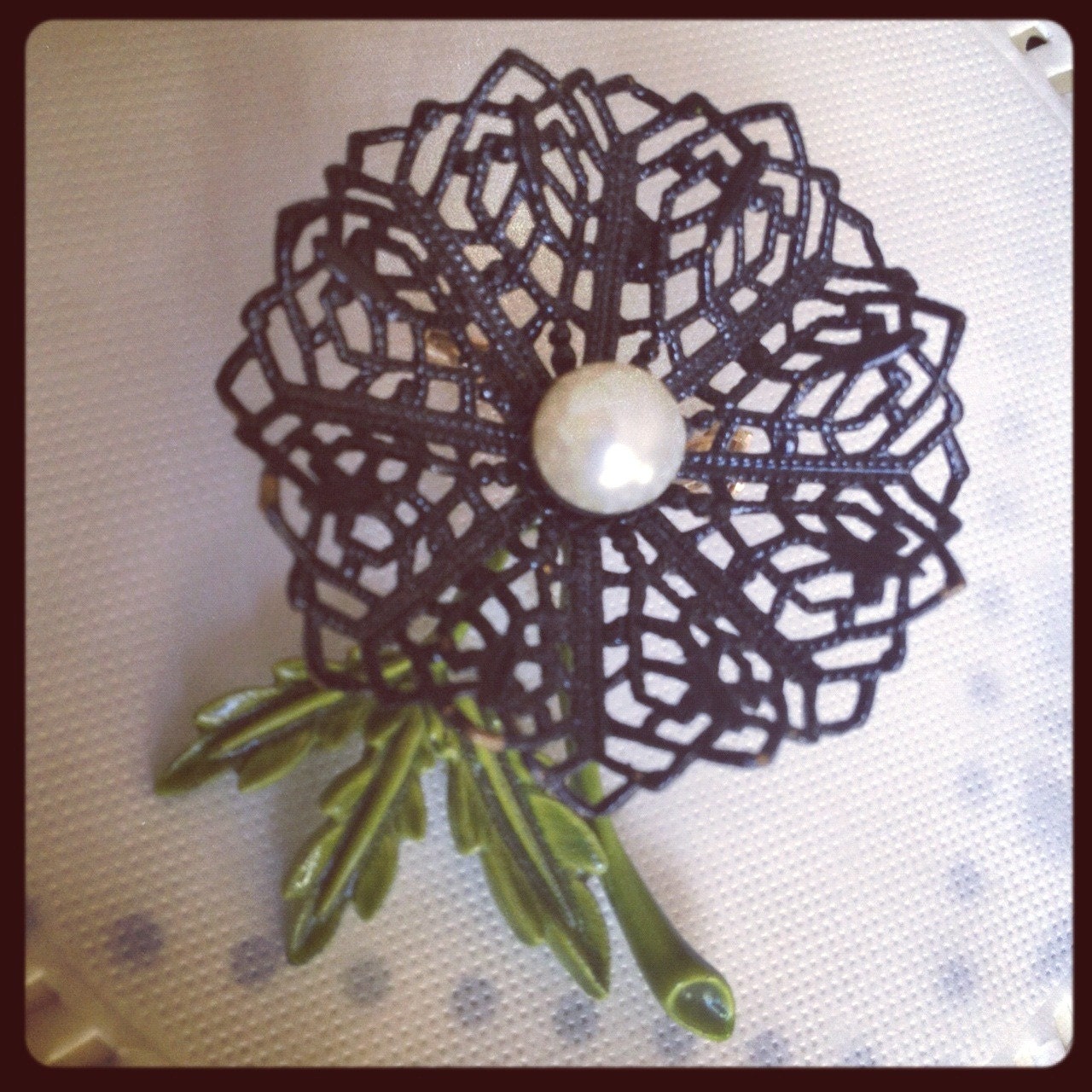Antique Enamel Floral Black and Green Pearl Brooch