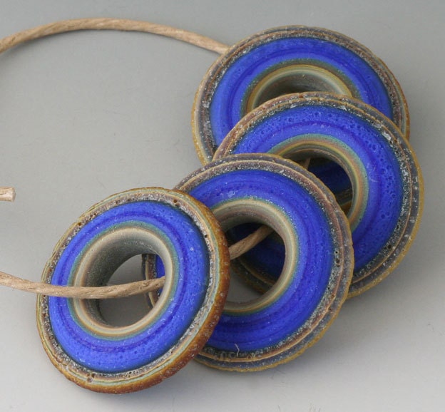 Rustic Squared - (4) Handmade Lampwork Beads - Cobalt, Brown