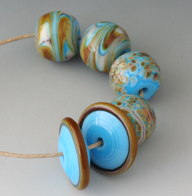 Artisan Pairs - (6) Handmade Lampwork Beads - Blue, Cream, Brown