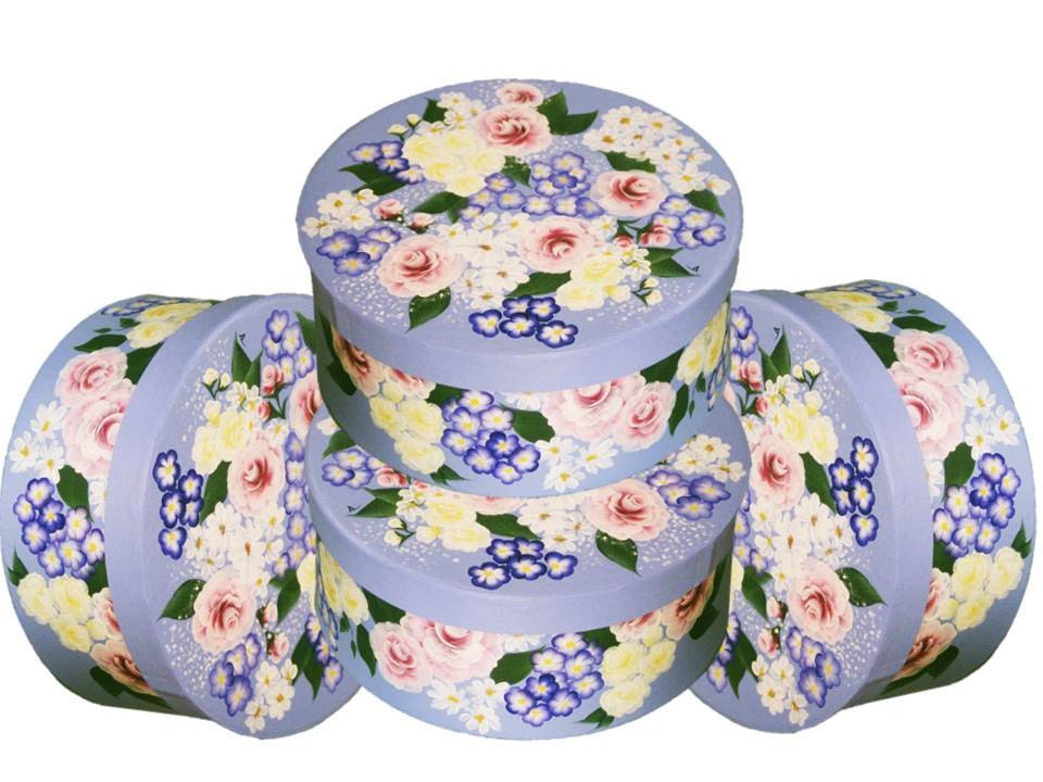 Bridesmaids Jewelry Box - Hand Painted Hat Box, Pink Roses Yellow Roses Daisies on Blue Box, Set of 4 - Maid Matron of Honor