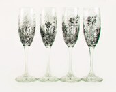 Hand-Painted Champagne Flutes - Silver and Black Roses, Set of 4 - 25th Wedding Anniversary Party Sparkling Wine Glass