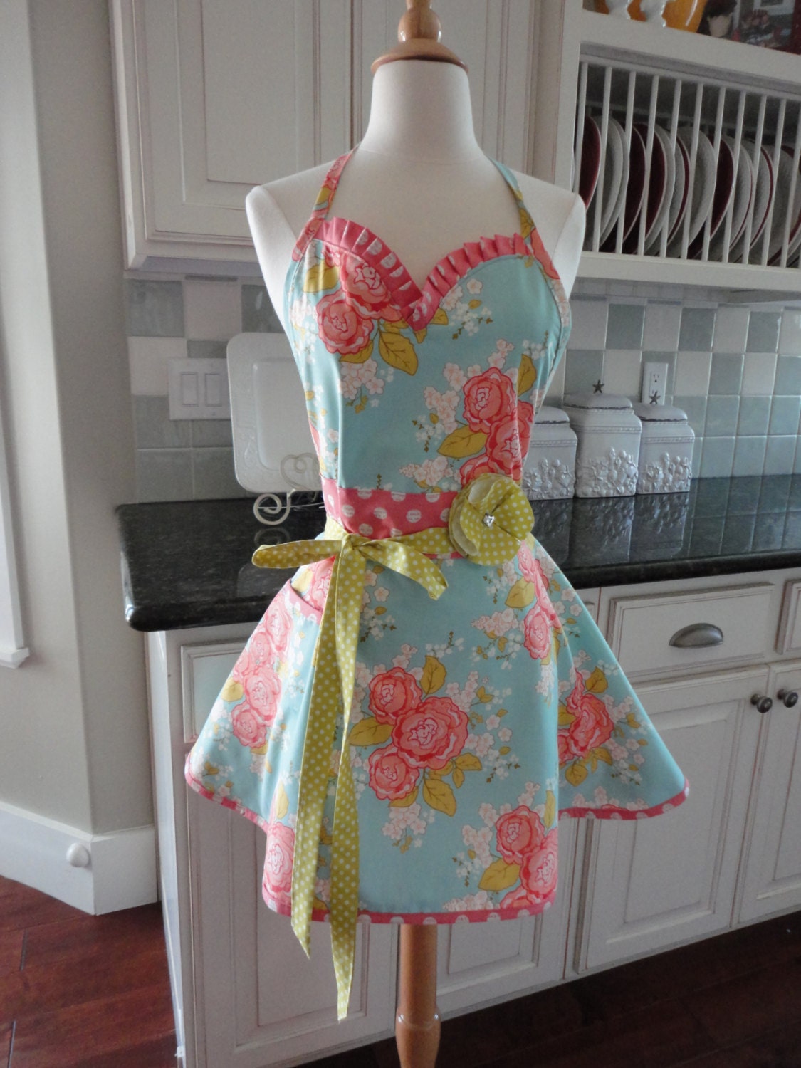 4RetroSisters - "Sadie Mae" Sweetheart Neckline -"Coral and Blue Floral"- Womens Retro Full Apron