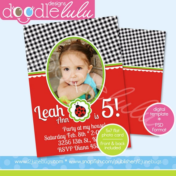 INSTANT DOWNLOAD Digital Printable 5x7 Red and Black and White Check / Gingham Lady Bug Birthday Invitation Card Template (Photoshop) PSD Il_170x135