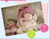 Digital Printable 5x7 Simple Baby Announcement Card Template with Green & Pink Accents - Design from DOODLELULU by 2 june bugs Il_170x135