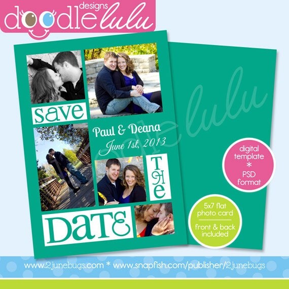 Printable Save The Date 2013 5x7 / Emerald / Mint Green Yellow / Digital Photo Card Template (Photoshop) PSD from DOODLELULU by 2 june bugs Il_570xn