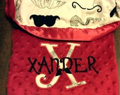 Mustache Baby Blanket with Red Minky and Name