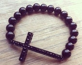 Black Beaded Rhinestone Cross Bracelet