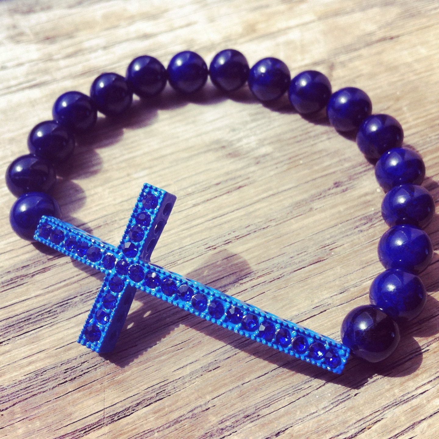 Blue Beaded Rhinestone Cross Bracelet
