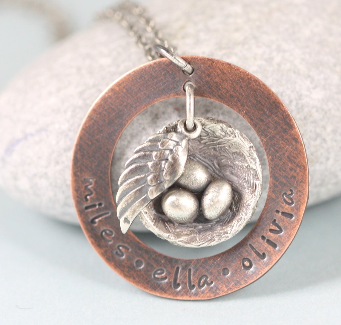 Personalized Necklace Childrens Names Birds Nest For Mom Handmade Sterling Silver Copper