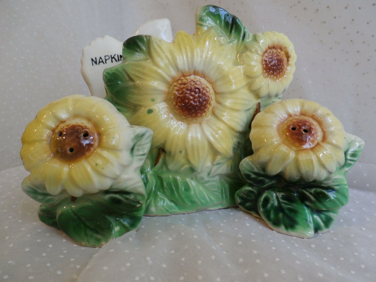 Sunflower Napkin Holder, Salt and Pepper Shakers Vintage Table