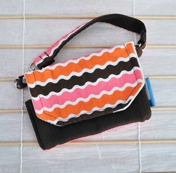 Kyrie I Cell Phone Purse - Pink, Orange, and Chocolate Brown Wavy Stripes (Upcycled Materials)