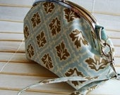 Mindy Clutch - Large - Brown Floral Latticework on Aqua Blue (Upcycled Materials)