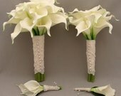 Wedding Flower Package Real Touch Calla Lily Bridal Bouquet Maid of Honor Bouquet Groom's Boutonniere in White with Lace Wrap