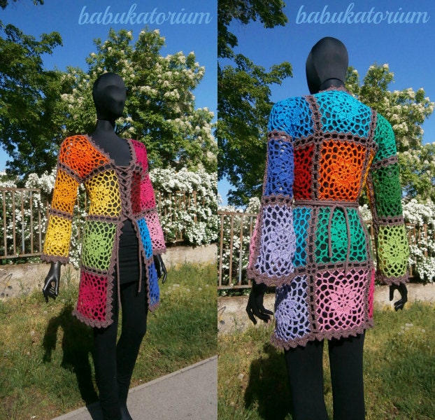 Crochet Cardigan - Lacy Granny Square With Flower Center