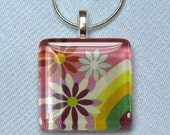 Daisy Flowers and Rainbow on Pink Background Scrabble Tile Glass Pendant, Rainbow Pendant, Daisy Flowers Pendant