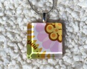 Large Pink and Gold Flower Scrabble Tile Glass Pendant, Flower Pendant, Spring Pendant