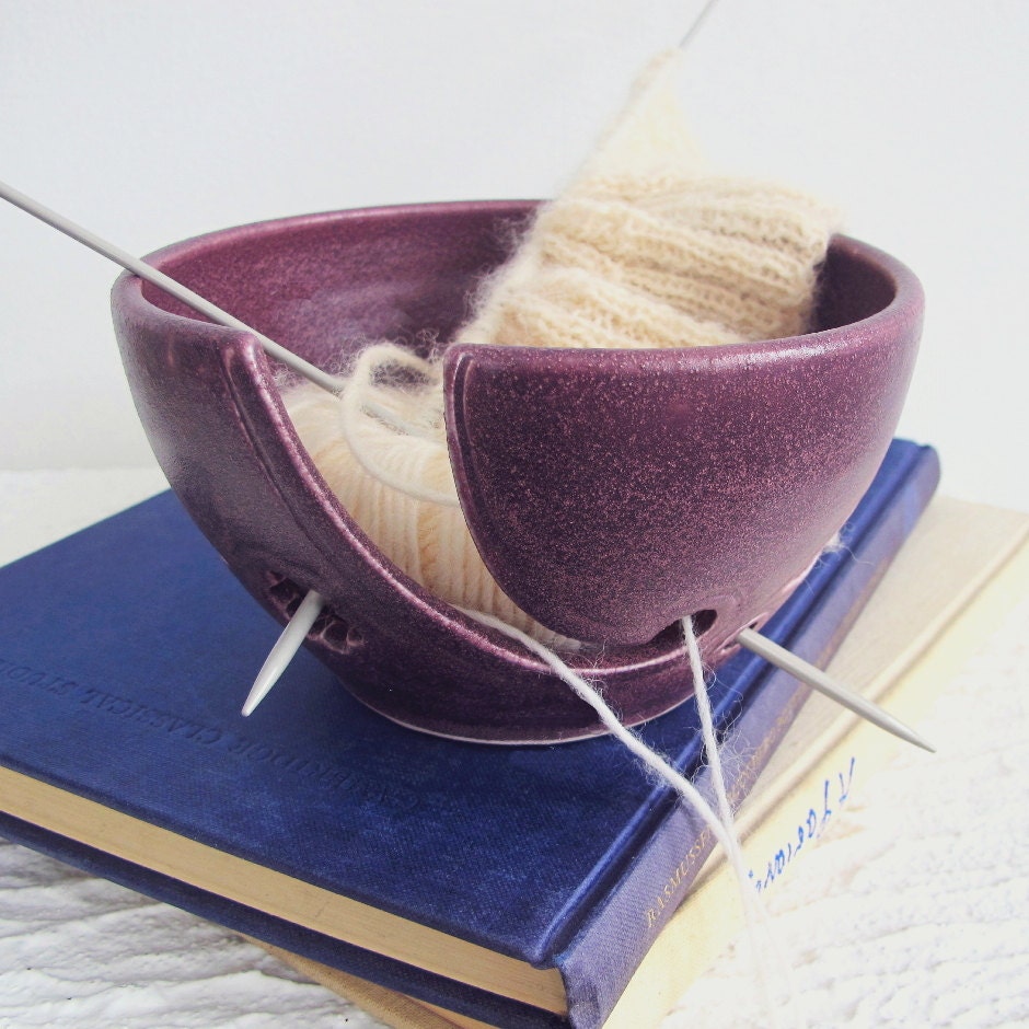 Ceramic Yarn Bowl, Amethyst Purple leaves Yarn Holder, NEW Crochet Portable Traveling KNITTING bowl, Handmade, BlueRoomPottery