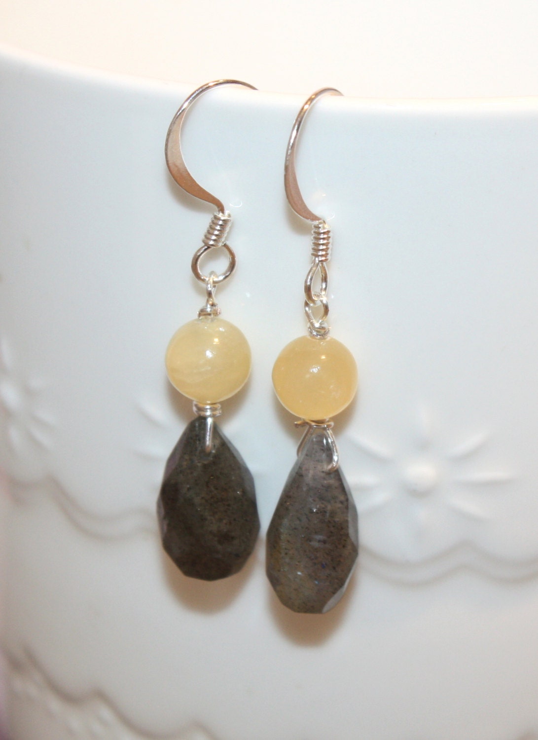 Labradorite and Yellow Jade Drop Earrings