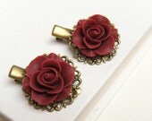 Burgundy Rose Hair Clip Set of Two (2), Flower Hair Clip Set, Mother's Day Gift For Her - Romance