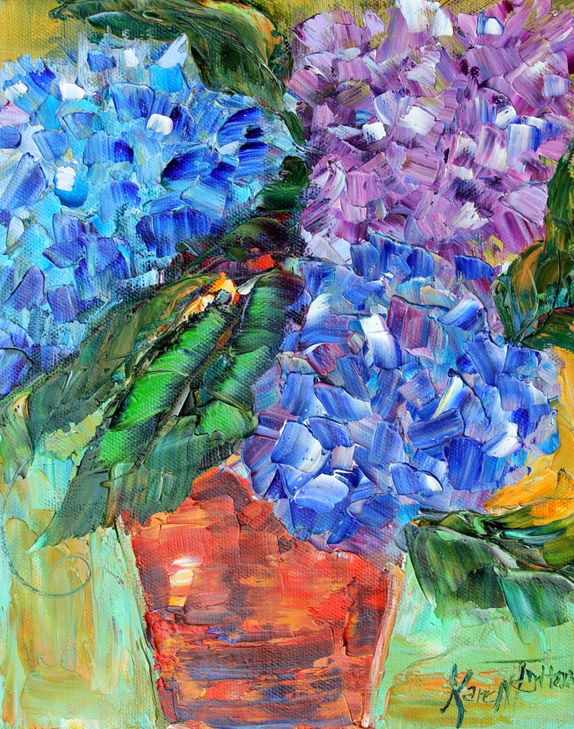 Flower Painting Original impasto Hydrangeas OIL palette knife impsto impressionism fine art impasto by Karen Tarlton