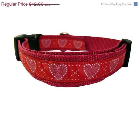 ON SALE Raspberry Hearts Dog Collar, 1 inch wide, pink, ribbon, nylon, red, small, medium, large, XL, red, valentine's day, love