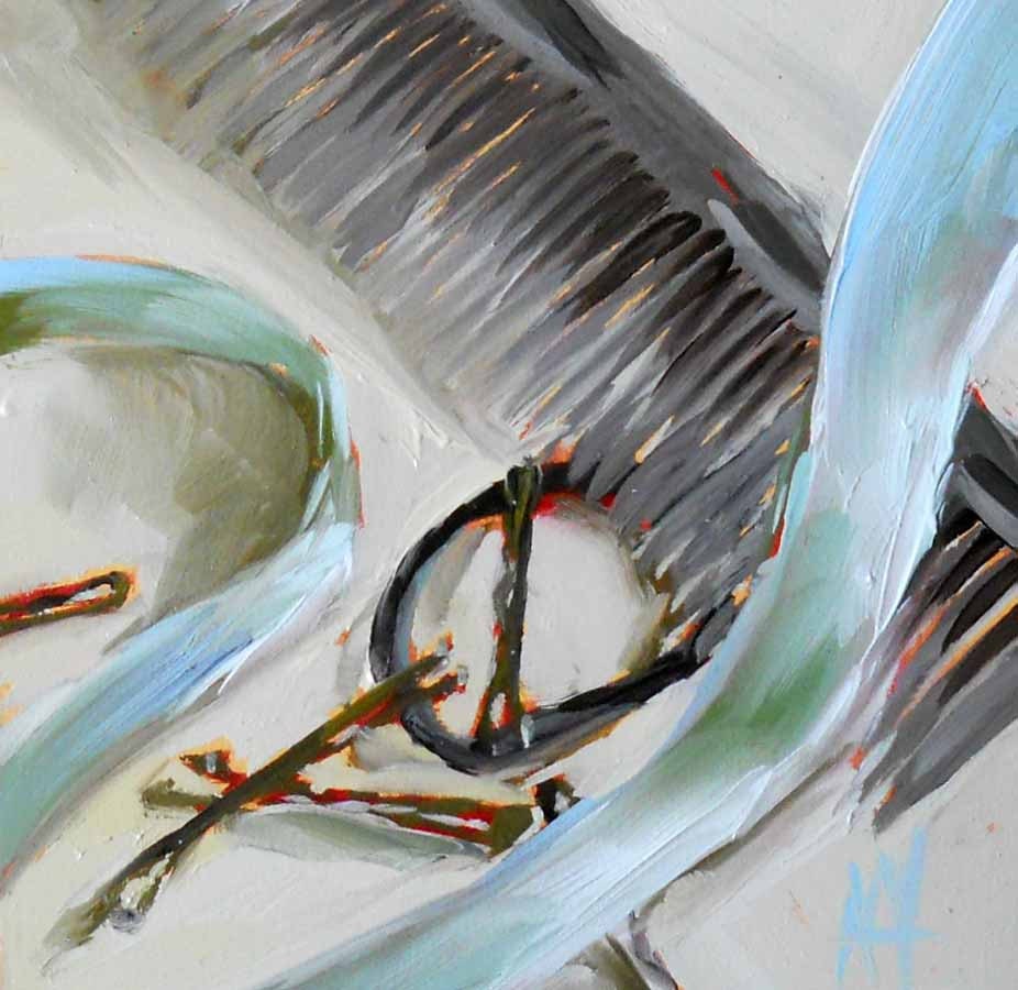 Getting Ready original still life oil painting of comb, bobbi pins and ribbons 4 x 4 inches by moulton prattcreekart